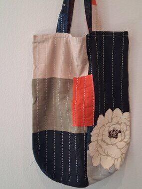 Handmade Upcycled Sashiko Hand Stitched Patchwork Floral Peony Shoulder Tote Bag